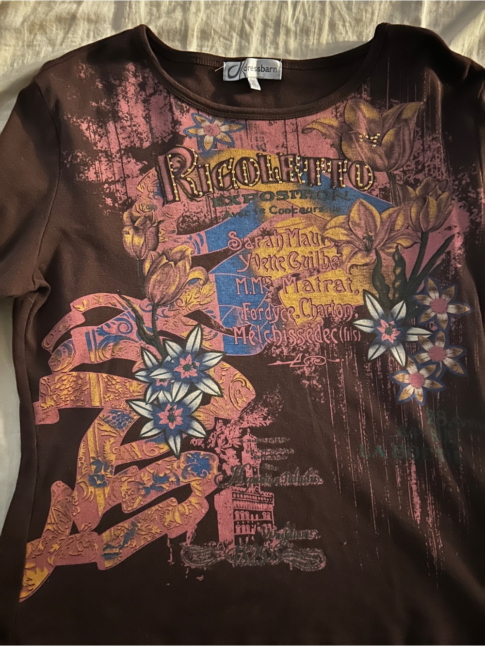 Dressbarn Vintage Womens XL Brown Floral Graphic 3/4” Sleeve Tee - Picture 6 of 9